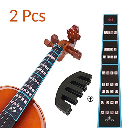 VCOSTORE Violin Mute and Finger Guide Pack, 4/4 Fingerboard Sticker Fret Guide Label Chart and Rubber Practice Silencer Accessories for Beginners