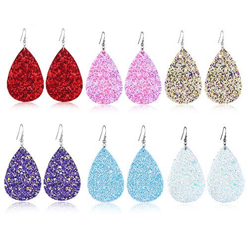 Meangel 6Pcs Glitter Teardrop Leather Earrings for Women Girls Druzy Statement Dangle Earring Set