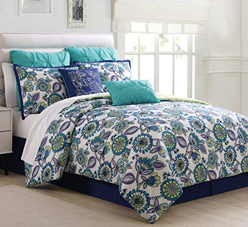 KingLinen 8 Piece Alegro Navy/Spa Blue/Citron Comforter Set Queen