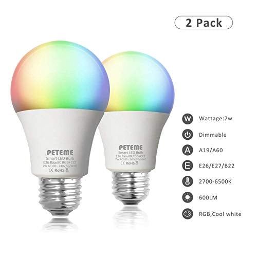 Book Cover Smart WiFi LED Light Bulb Remote and Voice Control with Alexa Echo Google Assistant Siri IFTTT Multi-Color RGB Cool White Warm White,Peteme 7W Equivalent 60W A19 E26 No Hub Required