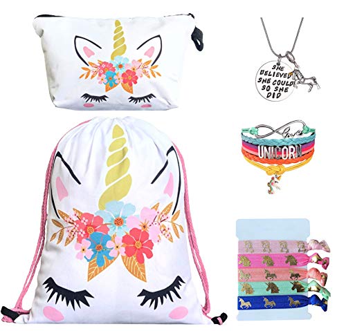 Unicorn Gifts for Girls - Unicorn Drawstring Backpack/Makeup Bag/Bracelet/Inspirational Necklace/Hair Ties (White Star Unicorn)