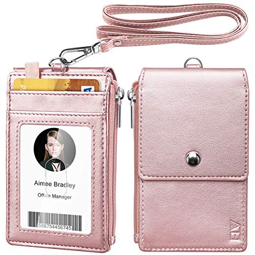 Badge Holder with Zipper, ELV PU Leather ID Badge Card Holder Wallet with 5 Card Slots, 1 Side RFID Blocking Pocket and 20" Neck Lanyard / Strap for Offices ID, School ID, Driver Licence (ROSE GOLD)
