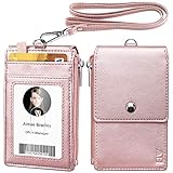 ELV Badge Holder with Zipper, PU Leather ID Badge Card Holder Wallet with 5 Card Slots, 1 Side RFID Blocking Pocket and 20 inch Neck Lanyard Strap for Offices, School, Driver Licence (ROSE GOLD)