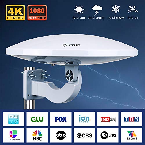 ANTOP New Generation UFO Outdoor TV Antenna 360 Omnidirectional Reception,Exclusive Smartpass Amplifier and Build in 4G LTE Filter, Fit Indoor/Outdoor/RV/Attic Use 65 Miles for Enhanced VHF/UHF Grey