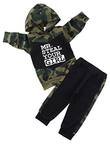 Toddler Baby Boy Clothes Long Sleeve Funny Print Hoodie and Camouflage Pants Outfits Set