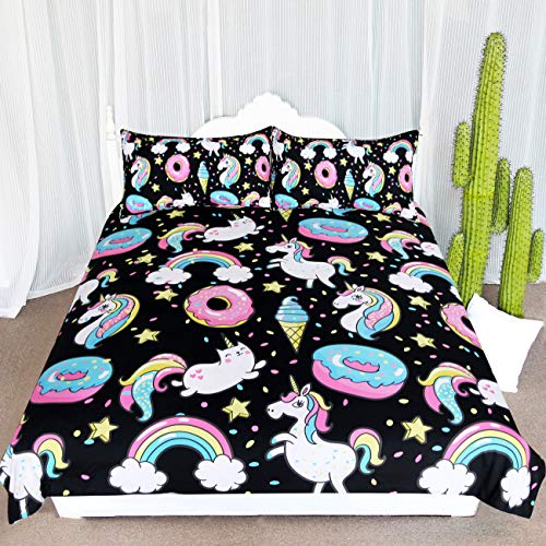Book Cover ARIGHTEX Chubby Unicorn Bedding Kids Girls Cute Unicorn in Rainbow Sprinkles Donut Pattern Duvet Cover 3 Piece College Dorm Sweet Bed Sets (Twin)