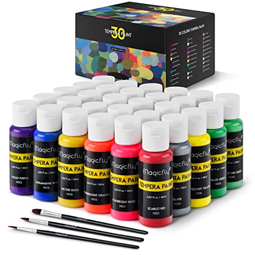 Washable Tempera Paint for Kids, Magicfly 30 Colors (2 oz Each) Liquid Poster Paint, Non-Toxic Kids Paint with Fluorescent Glitter Metallic Neon Colors for Finger Painting, Hobby Painters