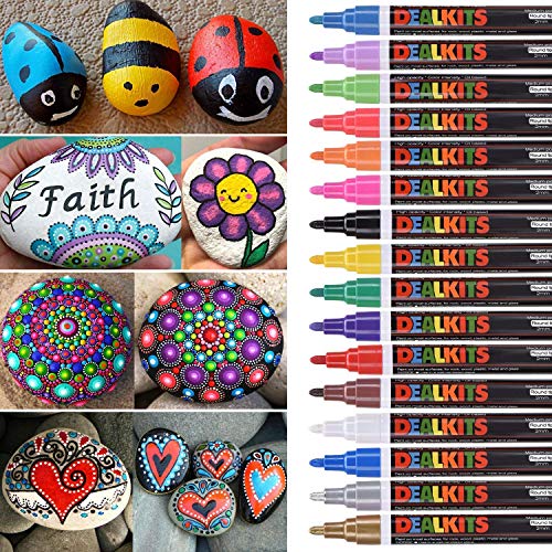 DealKits 16 Colors Paint Marker Pens for Rock Painting [Oil-Based] [Quick Dry] [Water Resistant] for Art Rock Painting Wood Glass Metal and Ceramic, Medium Tip â€¦