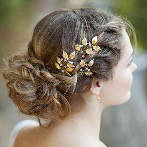 Artio Leaf Wedding Hair Pins Accessories with Beads for Brides and Bridesmaids 3 PCS (HP-9558)