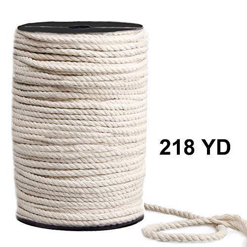 Macrame Cord 4mm x 218yd, 100% Natual Cotton Macrame Rope, 3 Strand Twisted Cotton Cord for Handmade Plant Hanger Wall Hanging Craft Making
