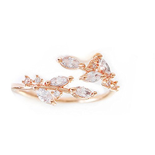 YouCY Simple Leaves Ring Fashion Zircon Opening Ring Adjustable Finger Ring for Women Girls Wedding Jewelry,Rose gold