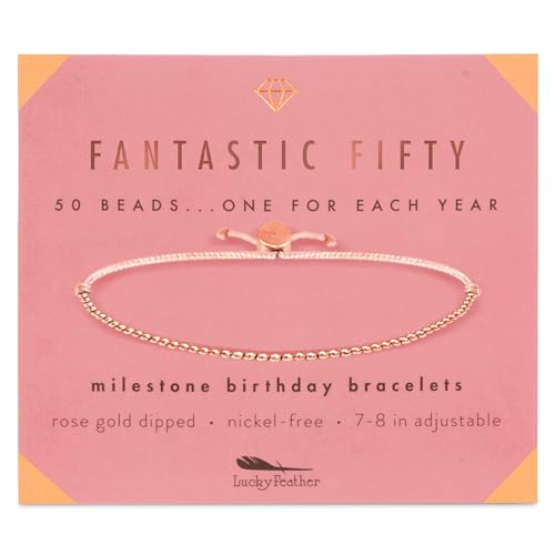 Lucky Feather 50th Birthday Gifts for Women; 14K Gold Dipped Beads Bracelet on Adjustable 7â€- 8â€ Cord - 50th Birthday Jewelry Gift Ideas