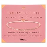Lucky Feather 50th Birthday Gifts for Women; 14K Gold Dipped Beads Bracelet on Adjustable 7”- 8” Cord - 50th Birthday Jewelry Gift Ideas