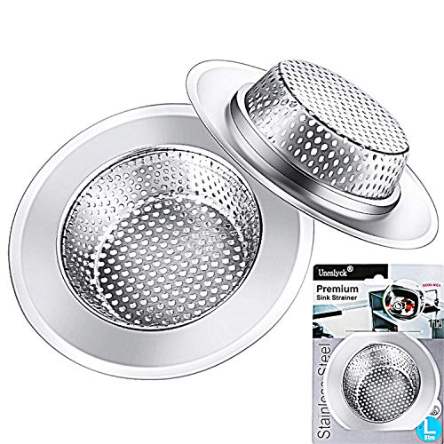 Book Cover Uneslyck 2PCs Premium Kitchen Sink Strainer, Anti-Clogging Stainless Steel Sink Disposal Stopper, Perforated Basket Drains Sieve for Kitchen Sink Drain - Large Wide Rim 4.5'' Diameter/Silver/Polished