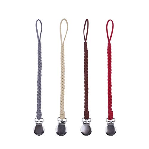 HAUTOCO 4 Pack Baby Leather Pacifier Clips, Handmade Suede Braided Leash Pacifier Teething Toy Holders for Boys and Girls