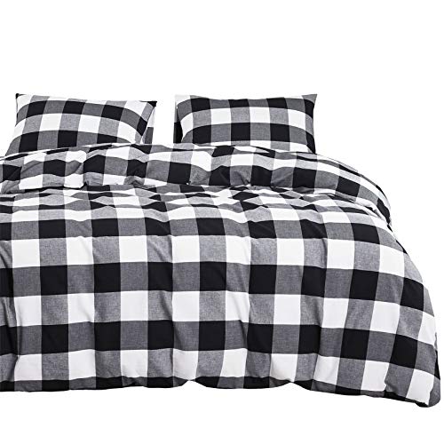 Book Cover Wake In Cloud - Washed Cotton Duvet Cover Set, Buffalo Check Gingham Plaid Geometric Checker Printed in White Black and Gray, 100% Cotton Bedding, with Zipper Closure (3pcs, Queen Size)