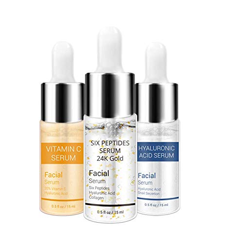 Vitamin C Serum - Six Peptides Serum 24K Gold - Hyaluronic Acid Serum,Anti-aging Moisturize Facial Serum (3PCS) (SET)