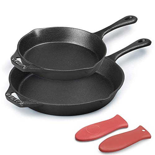 Book Cover Cast Iron Skillet, OAMCEG Pre-Seasoned Cookware - 12 & 10 Inch Pans 2 Piece Set - Best Heavy Duty Professional Chef Quality Tools for Indoor and Outdoor Use,Grill,Stovetop