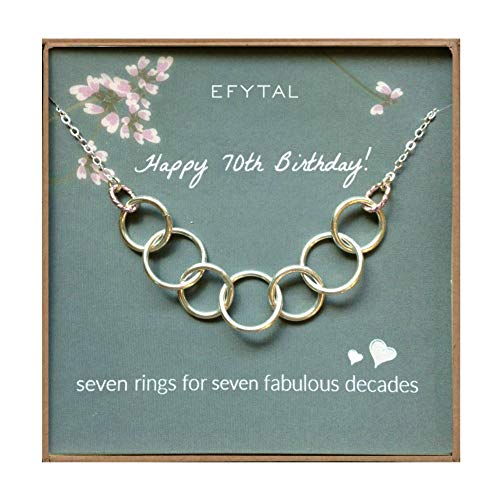 Book Cover EFYTAL Happy 70th Birthday Gifts for Women Necklace, Sterling Silver 7 Rings Seven Decades Necklaces Gift Ideas