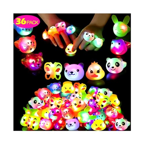 Mikulala 36 Pack Light Up Rings Glow in The Dark Party Supplies, Light up Party Favors, Goodie Bag Stuffers, Birthday Valentines Party Favors Classroom Prizes Cute Animal Treasure Box for Kids