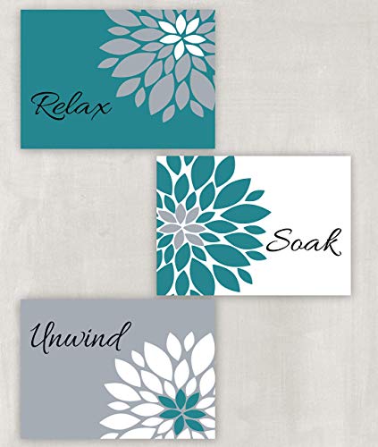 Book Cover Relax Soak Unwind Floral Wall Art in Teal Gray and White Set of 3 5x7 or 8x10 Prints ((unframed))