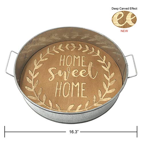 Book Cover Ouchan Galvanized & Rustic Wood Metal Serving Trays,RoundÂ Breakfast Trays With Decorative Handles (Home Sweet Home)