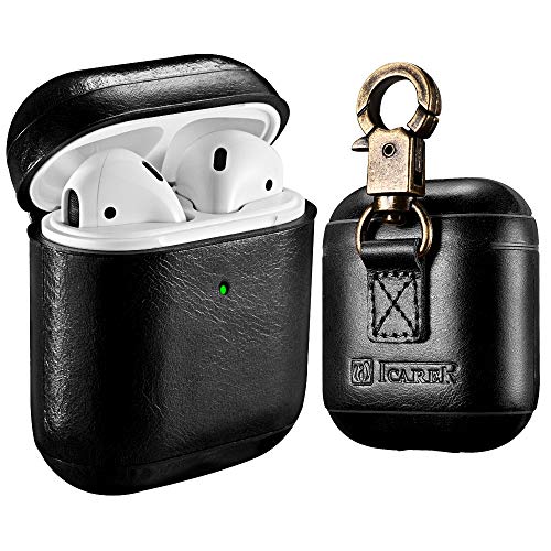 Book Cover AirPods Leather Case, ICARER Genuine Leather AirPod case with Keychain and Led Light for Apple AirPods 2 Case & Airpods 1, Support Wireless Charging (Black)