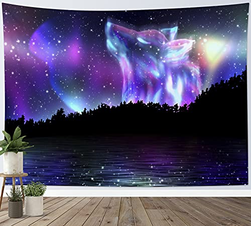 HVEST Wolf Tapestry Wall Hanging Purple Tapestry Wild Animal Wolves in Starry Sky Tapestries River Natural Scenery Wall Decor Blanket for Kids Bedroom Living Room Dorm Party, 60Wx40H Inches
