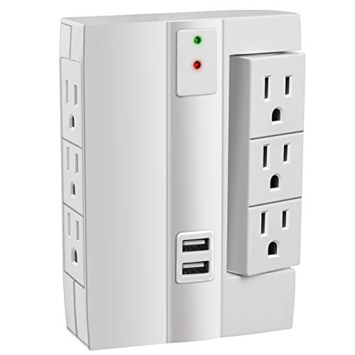 JACKYLED Rotating Outlet Extender Surge Protector 6-Outlet Power Strip with 2 USB Ports Wall Mount Plug Charger for Phone Laptop Electronics - White