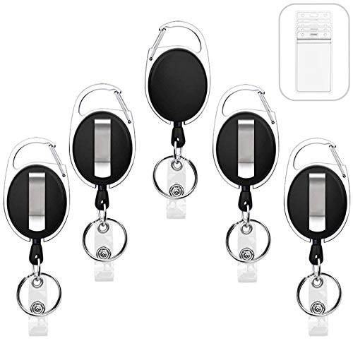 5 Pack Heavy Duty Retractable Badge Holders with Carabiner Reel Clip and Vertical Style Clear ID Card Holders, 24 inches Thick Kevlar Pull Cord