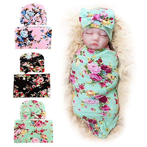 BQUBO Newborn Baby Receiving Blankets 3 Pack Newborn Baby Floral Swaddling with Ear Headbands Infant Sleepsack