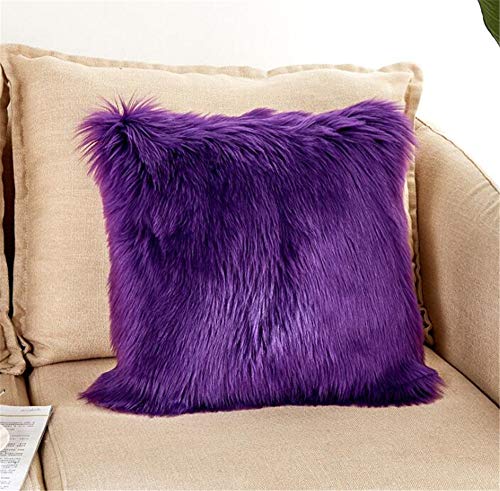 Book Cover Luxury Long Faux Fur Throw Pillow Case Super Soft Plush Cushion Cover Deluxe Home Sofa Bed Car Party Decorative 18 x 18 Inch Purple