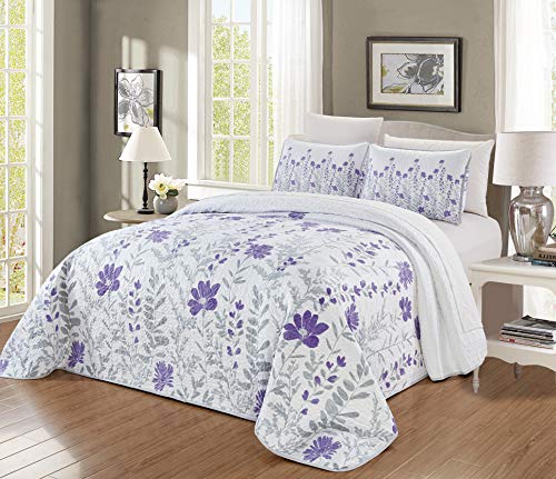 GrandLinen 3-Piece Fine Printed Oversize (115" X 95") Quilt Set Reversible Bedspread Coverlet King Size Bed Cover (Purple, Grey, Floral, Vine)