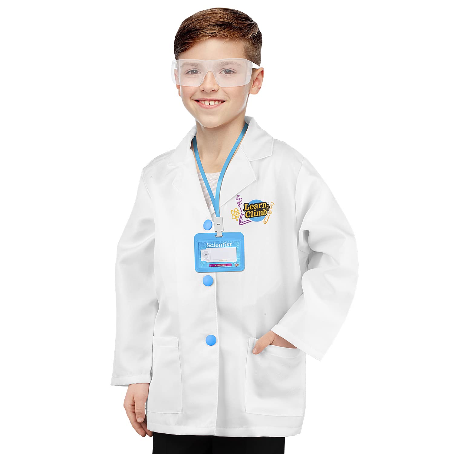 Book Cover Learn & Climb Scientist Lab Coat for Kids Ages 3-7. Three Piece Set Children's Scientist Costume with Goggles & ID Card