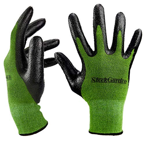 Bamboo Gardening Gloves - Ultra Grip, Nitrile Protective Coating Against Cuts Barehand Work Glove for Gardening, Fishing, Clamming, Restoration Work Thin Safety (Medium)