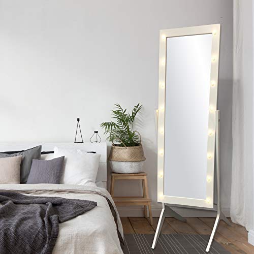 Book Cover eHomeProducts White Finish LED Lights Wooden Cheval Bedroom Floor Mirror Stand Hollywood Style Makeup Mirror