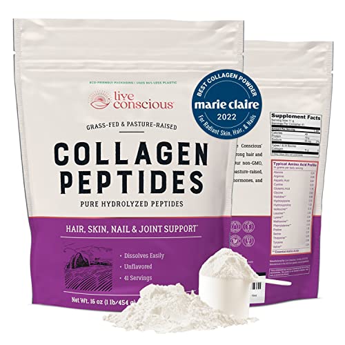 Live Conscious Collagen Peptides Powder Unflavored Hair, Skin, Nail, & Joint Support - Type I & III Grass-Fed Collagen Supplements for Women & Men - 41 Servings - 16oz