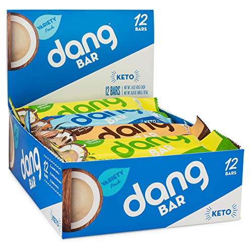 Book Cover Dang Bar - KETO CERTIFIED, Low Carb, Plant Based, Gluten Free, Real Food Snack Bar, 2-3g Sugar, 4-5g Net Carbs, No Sugar Alcohols or Artificial Sweeteners, 12 Count (3 Flavor Variety Pack)