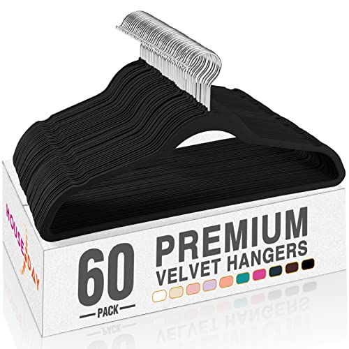 HOUSE DAY Velvet Hangers -60 Pack- Non Slip Velvet Suit Hangers Space Saving Clothes Hanger Velvet Hanger Heavy Duty Adult Hanger for Coat, Suit,Black