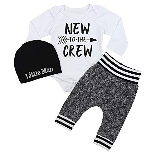 Book Cover Newborn Baby Boy Clothes New to The Crew Letter Print Romper+ Pants+Hat 3PCS Outfit 0-3 Months White