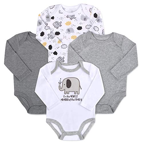 Baby Essentials 4-Pack Long Sleeved Bodysuits (6 Month, Elephant)