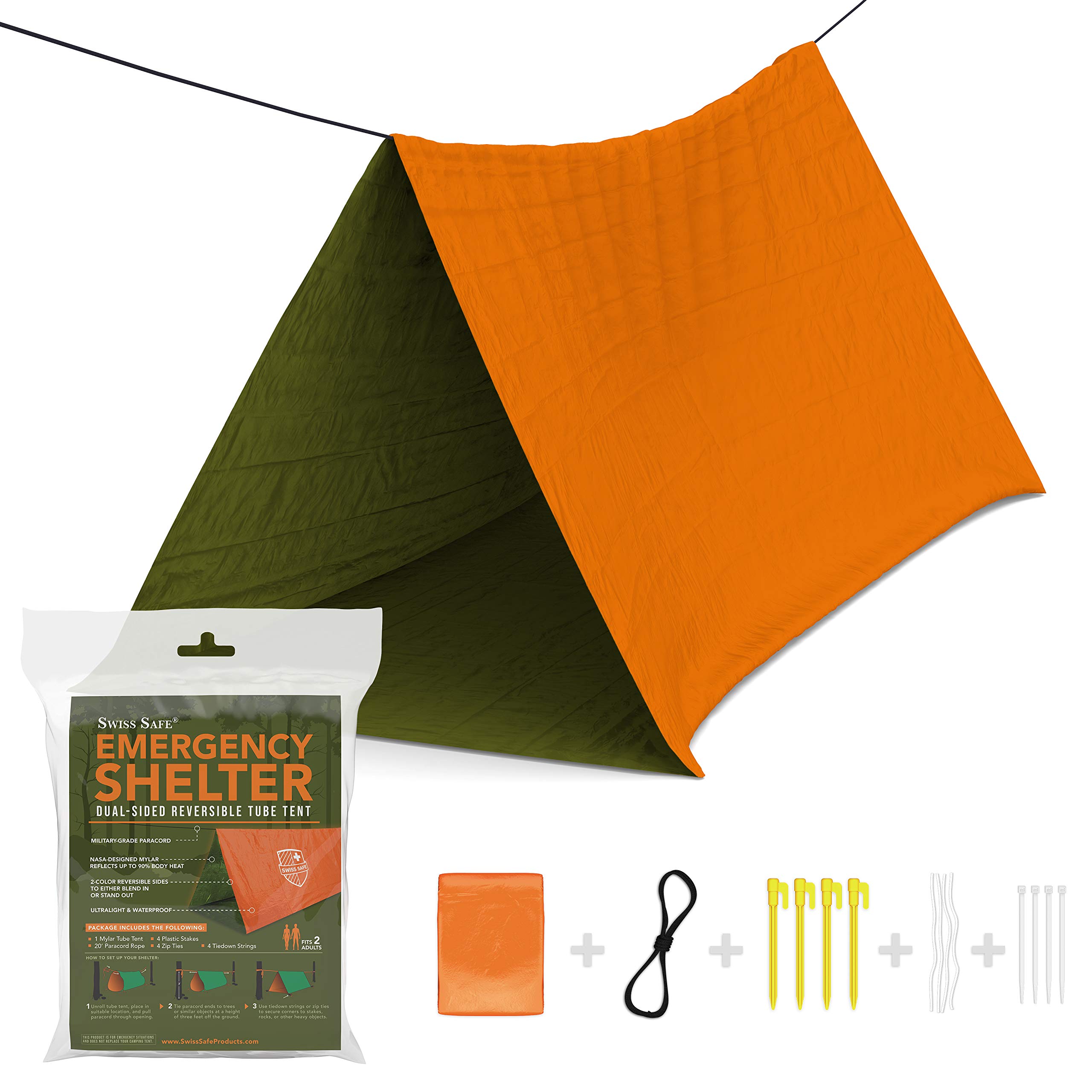Emergency Survival Shelter Tent (Reversible Two-Sided Tent) + Paracord, Tent Spikes, Zip-Ties: 100% Waterproof, Ultralight and Extra Large … Army Green and Orange