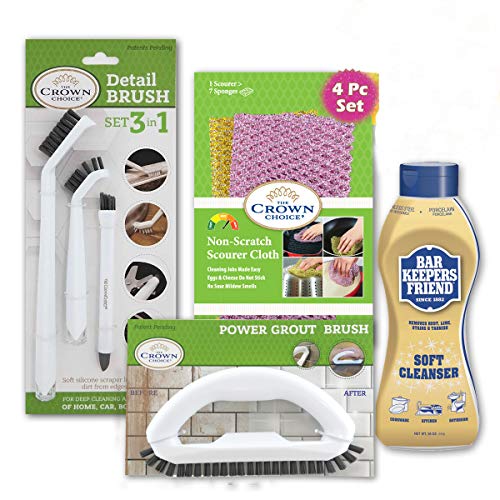 BAR KEEPERS FRIEND Soft Cleanser with 3-IN-1 Detail Grout Cleaning Brush Set | Deep Clean Stove top, Bathtub, Tiles, Kitchen, Bathroom, Car, Boats