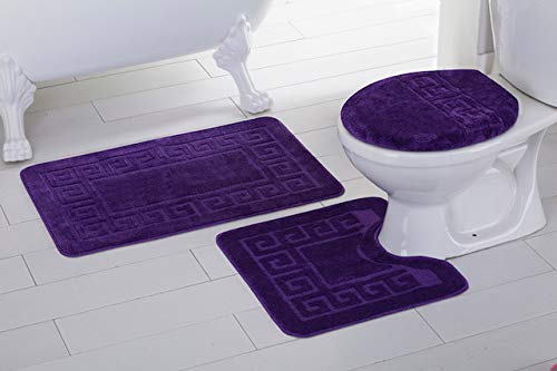 Book Cover Fancy Linen 3pc Non-Slip Bath Mat Set with Chain Pattern Solid Dark Purple Bathroom U-Shaped Contour Rug, Mat and Toilet Lid Cover New