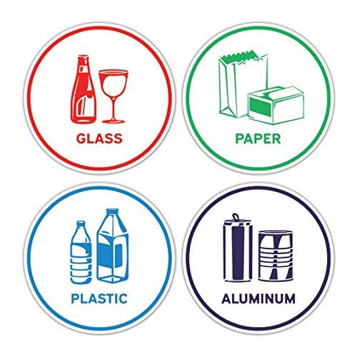 Book Cover Recycling Sorting Sticker Signs Decals - Paper, Aluminum, Plastic, Glass (Set of 4 Stickers)