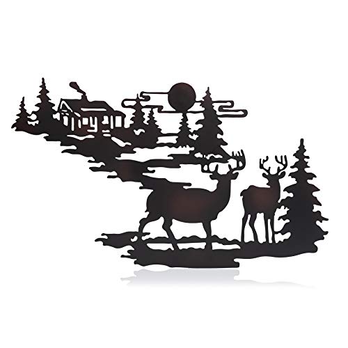 Deer & Woodland Cabin Metal Wall Art, Iron Deer Rustic Wall Decor, Laser Cut Forest Cabin Home Office Decor Deer Hanging Kit, Hanging Decor for Living Room, Bedroom, Bathroom