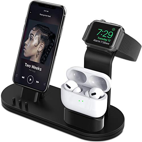 Book Cover OLEBR Charging Stand 3 in 1 Compatible with AirPods, iWatch Series 6/SE/5/4/3/2/1,Phone 12/12 Pro/ 12 Pro Max/11/11 Pro/11 Pro Max/Xs/X Max/XR/X/8/8Plus/7/7 Plus /6S /6S Plus-Black