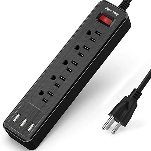 SUPERDANNY USB Surge Protector Power Strip Mountable Extension Cord Multiple Protection 5 Outlet 3 USB Port with Hook & Loop Fastener for iPhone iPad PC Home Office Travel Black