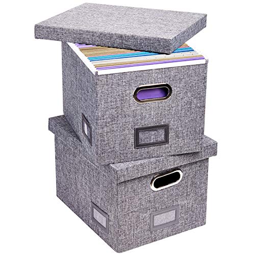 Superjare Updated File Box for Hanging Files, Set of 2, Storage Office Box with 60 lbs Weight Capacity, Durable MDF Board & Linen Fabric, File Storage Organizer for Letter/Legal - Grey