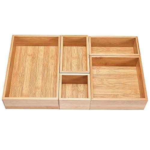 Book Cover 5-Piece Bamboo Drawer Organizer Set, Premium Bamboo Storage Box Kit, Expandable Drawer Divider for Office, Bathroom & Home